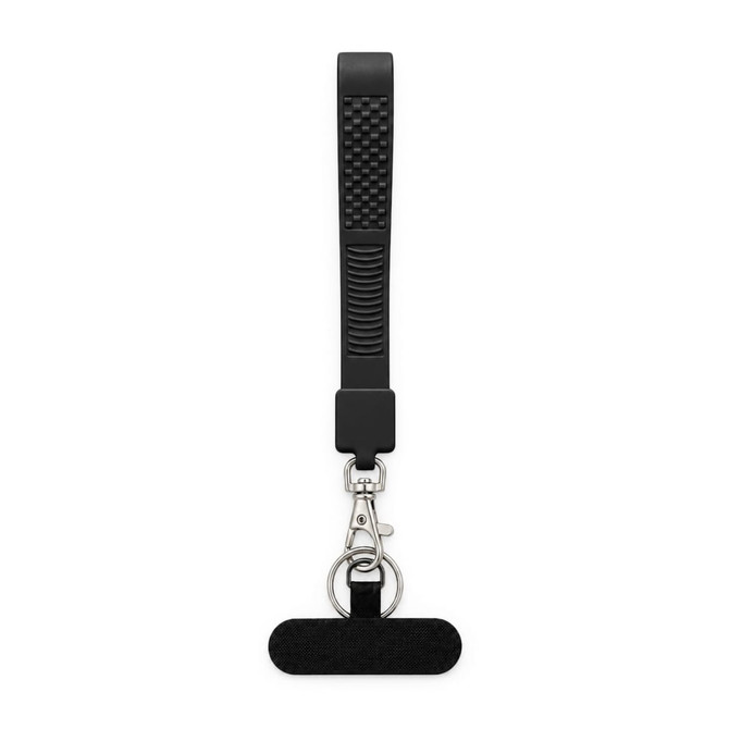 A black wrist keytag with a textured grip and a metal clip for attachment, featuring a small branding logo.