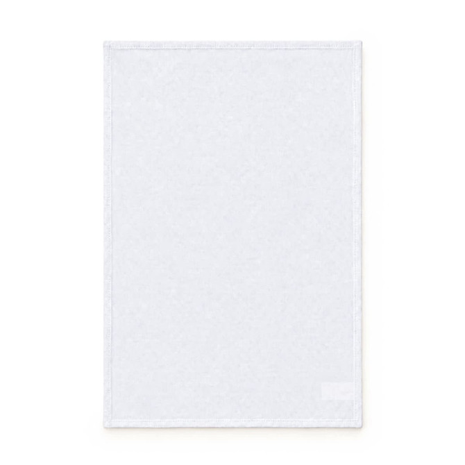 A medium cotton tea towel in white, featuring a simple design and an attached logo.
