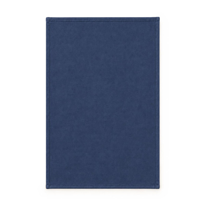 A dark blue medium cotton tea towel with stitched edges and a logo in one corner.