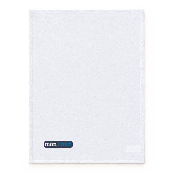 A large white cotton tea towel with a logo in one corner.