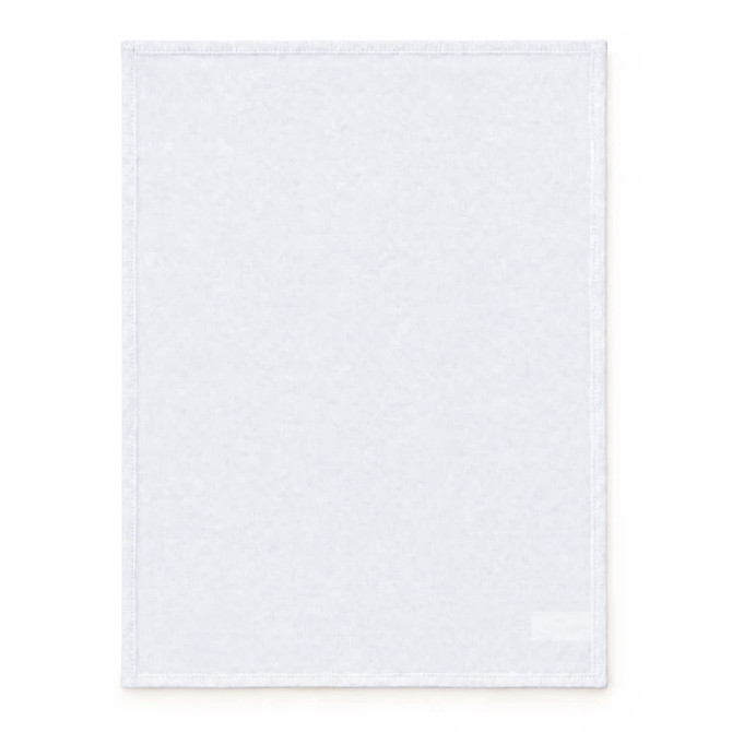A large, white cotton tea towel with a plain texture, featuring a brand logo.