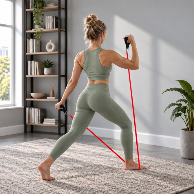 A fit person wearing a green outfit uses red resistance bands in a stylish interior with plants and bookshelves.