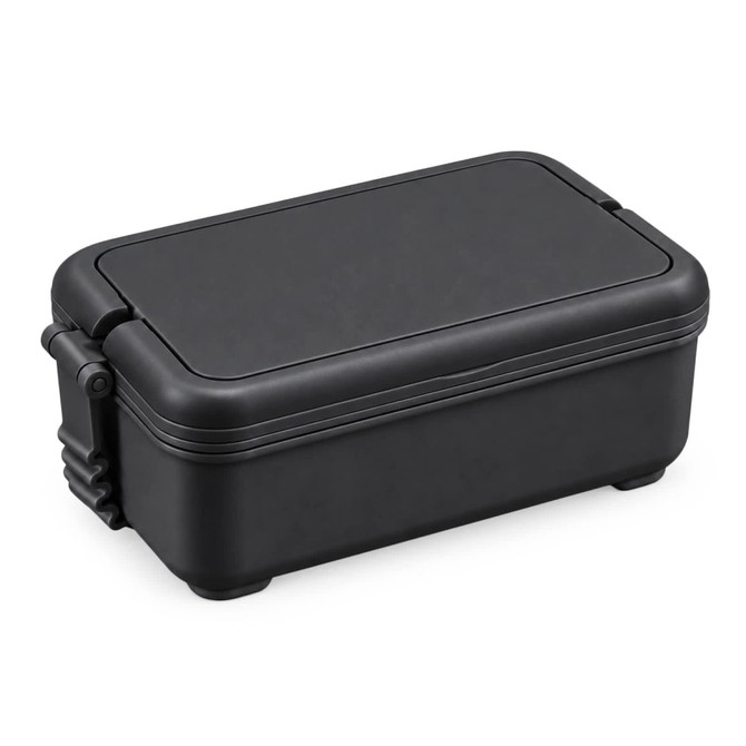 A black lunchbox with a secure lid and a compact design, featuring a logo on the side.