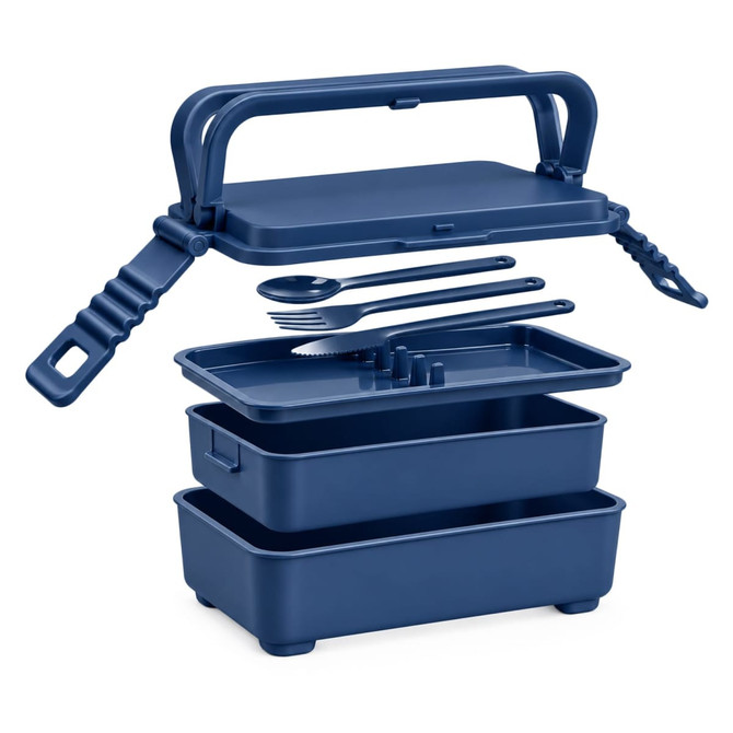 A navy blue double tray lunchbox with a handle, two stacked containers, and included cutlery. Contains a branding logo.