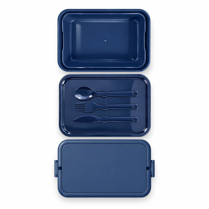 A navy blue double tray lunchbox with a matching lid and cutlery set including a spoon, fork, and knife.