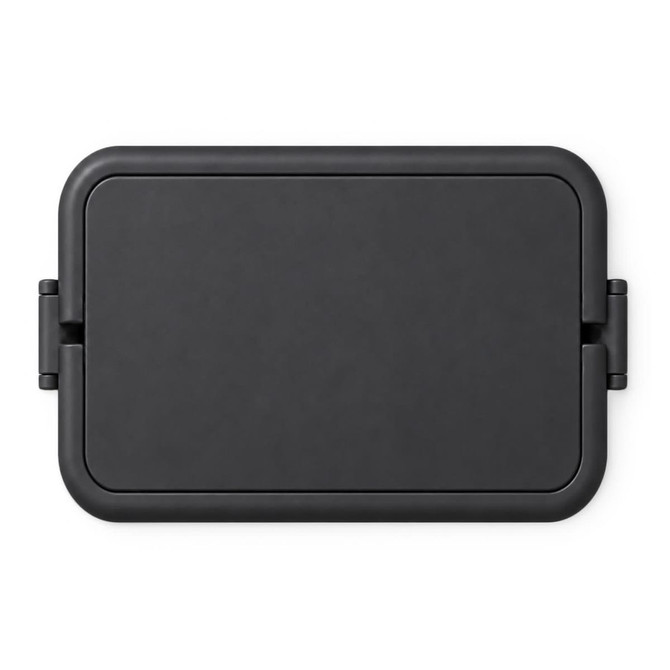 A black double tray lunchbox with a hinged lid and a simple design. It features a logo on the surface.