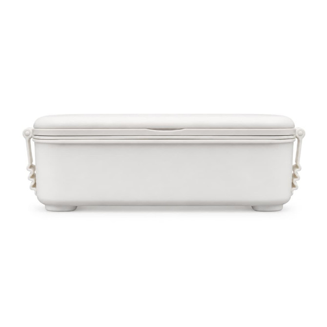 A double tray lunchbox in white with a lid and side handles, featuring a branding logo.