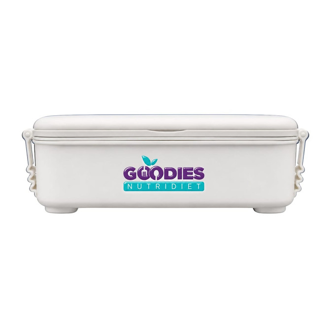 A white double tray lunchbox with a secure lid and a logo on the front.