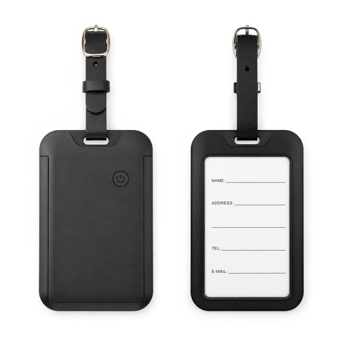 A black luggage tag with a strap, featuring a front and back view and a branding logo. The back has a blank information section.