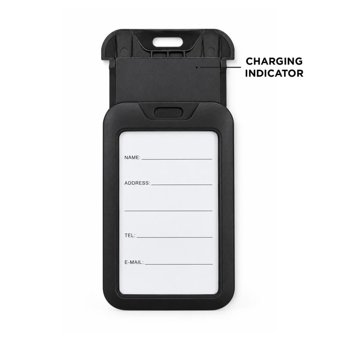 A black luggage tag tracker with a clear window for details and a charging indicator feature.