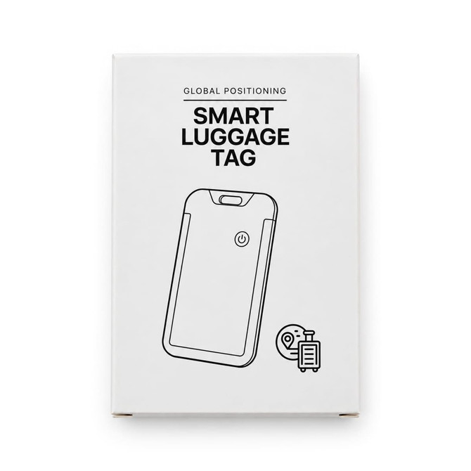 A white box containing a smart luggage tag, featuring a logo and a simple illustration of the tag design.