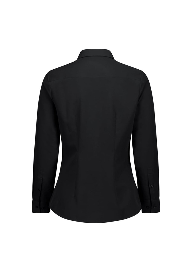 A black long sleeve women's shirt with a fitted design and buttoned cuffs, featuring a collar and no visible branding.