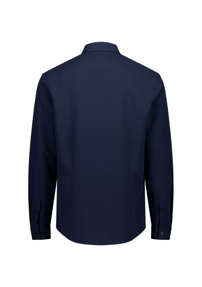 A navy blue long sleeve shirt with a collar and buttoned cuffs, featuring a branding logo.