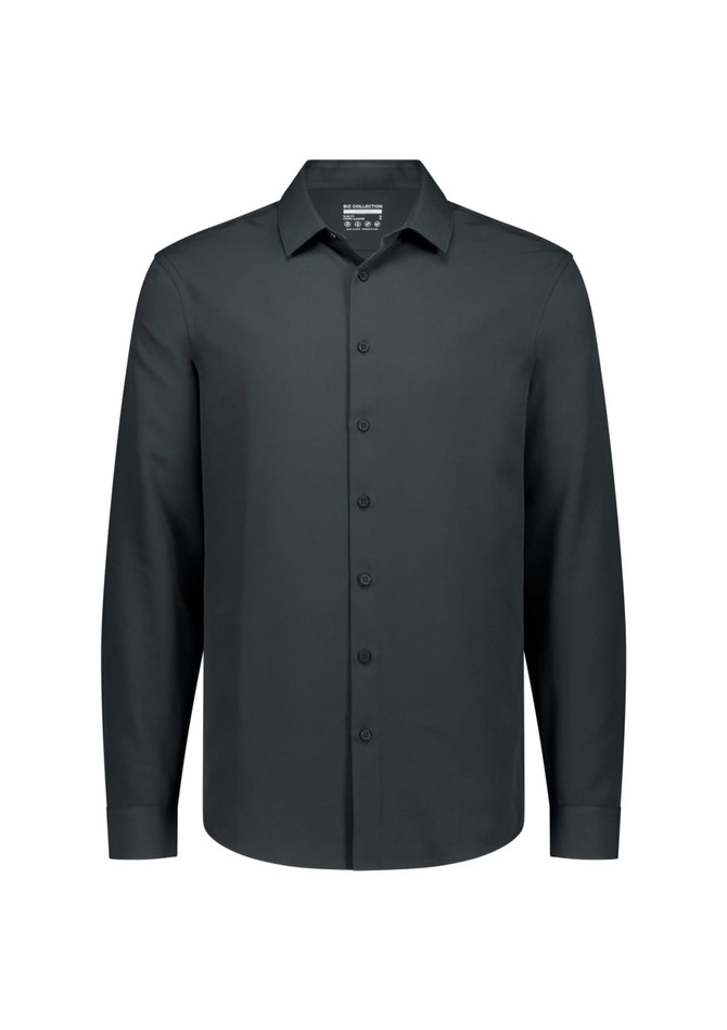 A men's long sleeve shirt in dark grey with a button-up front and collar, featuring a logo on the label.