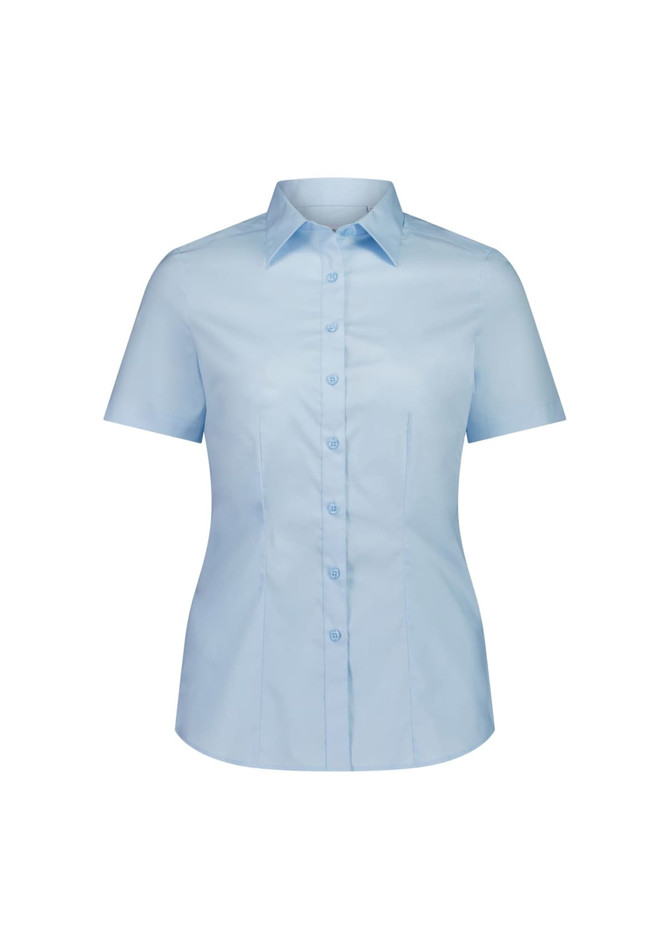 A light blue women's short sleeve shirt featuring a classic collar and button-up front, with a subtle fitted design.