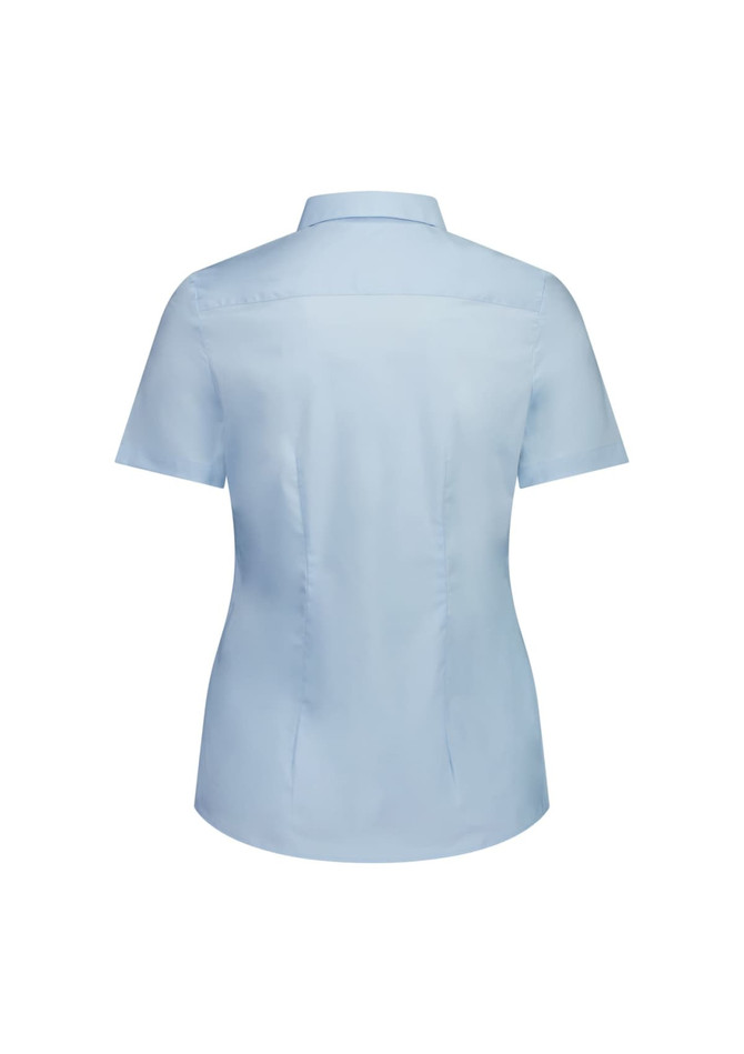 A women's short sleeve shirt in light blue, featuring a collared neckline and a fitted design on the back.
