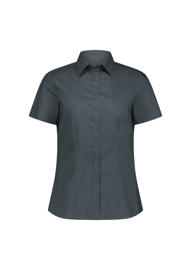 A short sleeve women's shirt in dark grey with a collared neckline and button front. Features branding on the label.