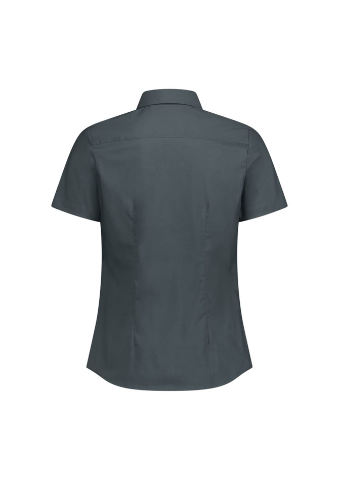 A grey women's short sleeve shirt with a collared neckline and a fitted design. Features a logo on the back.