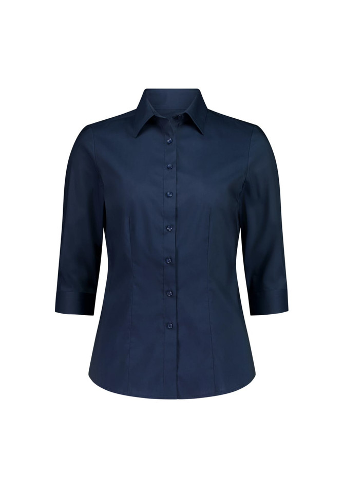 A navy blue women's 3/4 sleeve shirt with a button-up front and a collar, featuring a logo on the chest.