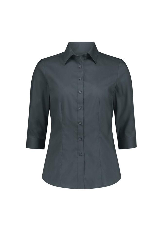 A women's 3/4 sleeve shirt in dark grey with a collared neckline and button-down front, featuring a logo.
