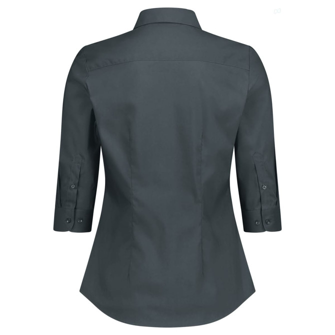 A grey women's 3/4 sleeve shirt with a collared neckline and buttoned cuffs, featuring a branding logo.