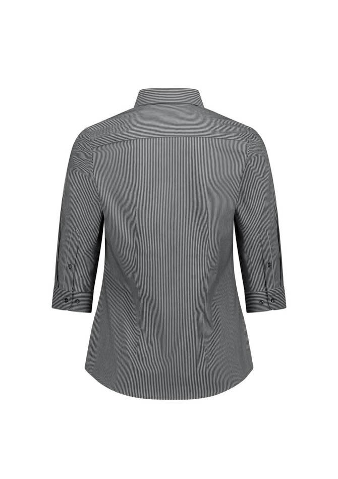 A back view of a women's 3/4 sleeve shirt featuring a striped pattern in grey and white, with a collar and buttoned cuffs.