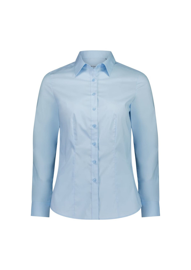 A women's long sleeve shirt in light blue, featuring a collared neckline and button placket, with a logo present.