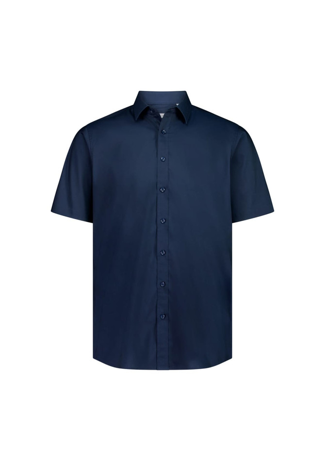 A short sleeve shirt in navy blue with a classic fit and button-up front. It features a simple design and a collar.