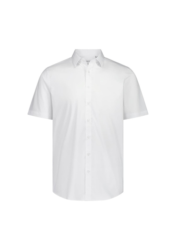A classic fit short sleeve shirt in white featuring a button-up design and a logo on the side.