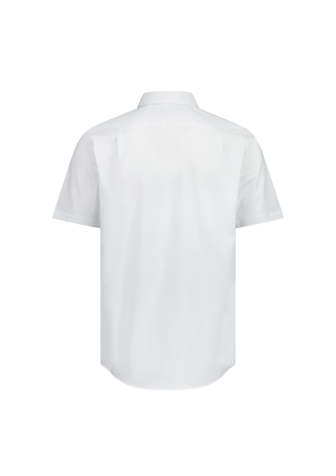 A white short sleeve shirt with a classic fit, featuring a back yoke and a subtle logo.