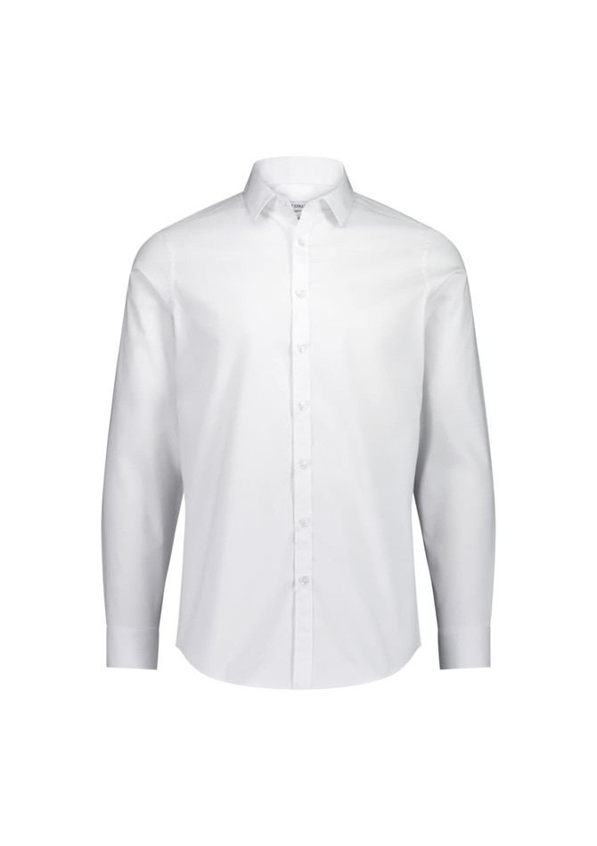 A slim fit long sleeve shirt in white with a button-up front and a collar. Features a logo on the label.