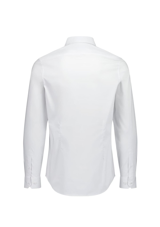 A slim fit long sleeve shirt in white, featuring a classic collar and buttoned cuffs. The back view highlights its tailored design.