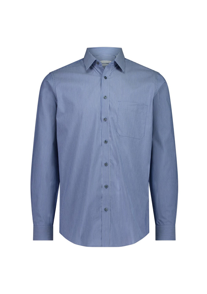 A long sleeve shirt featuring a blue and white stripe pattern with a chest pocket and a collar. It has a logo.