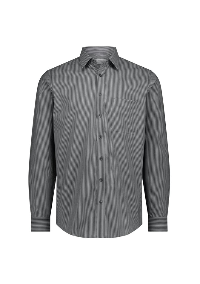 A classic fit long sleeve shirt in black and white stripes, featuring a button-up front and a single chest pocket.