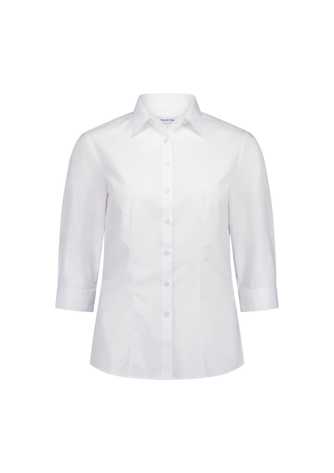 A white women's 3/4 sleeve shirt with a collar, featuring a button-up front and a logo on the label.