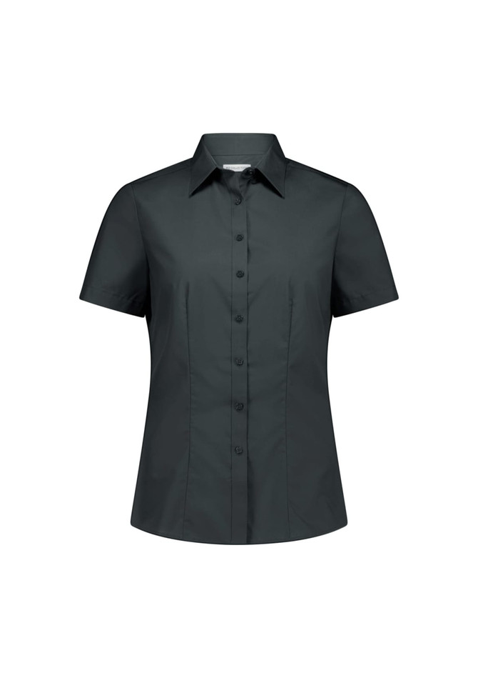 A woman’s short sleeve shirt in dark grey, featuring a collared neckline and button-up front, with a logo present.