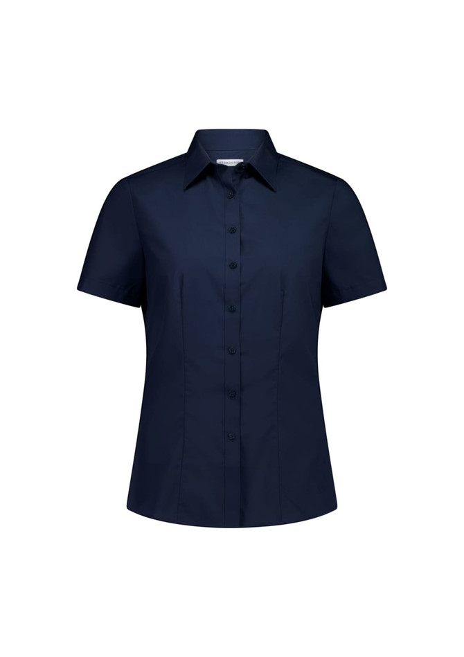 A navy short sleeve shirt with a button-up front and a tailored fit, featuring a collar and structured design.