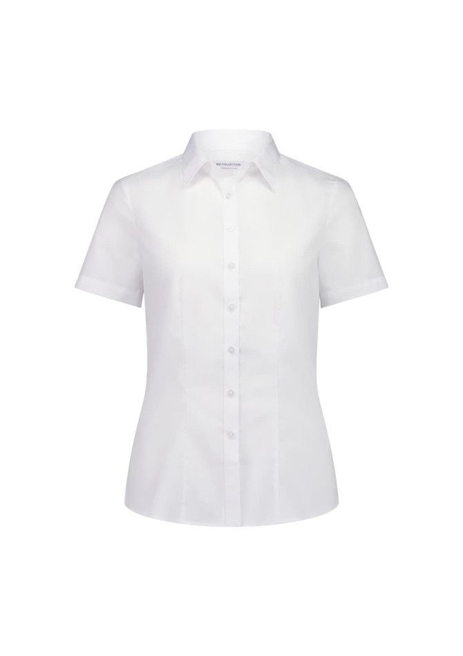 A short sleeve women's shirt in white, featuring a button-up front and a fitted design. It has a logo on the label.