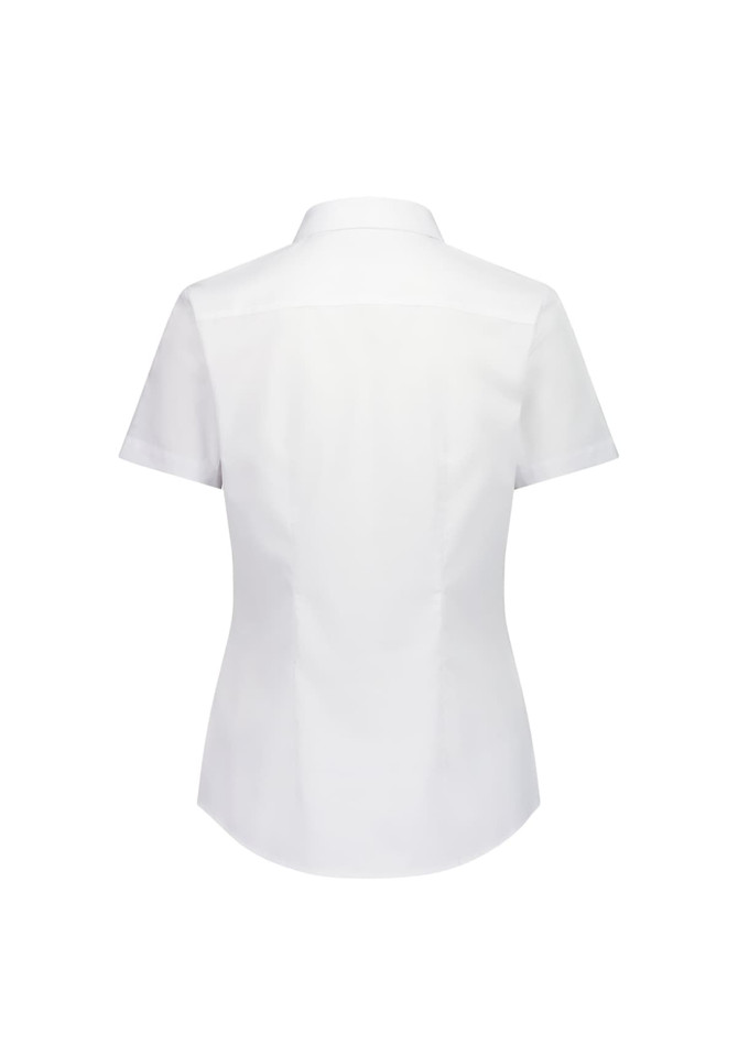 A white short sleeve shirt with a fitted design and a collar, featuring a branding logo on the back.