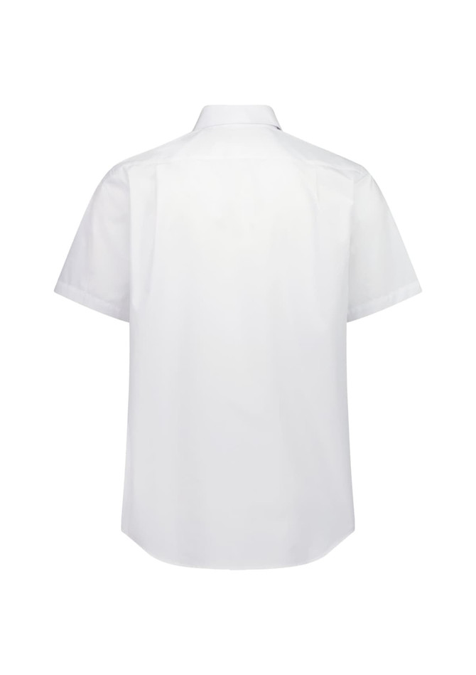 A classic fit short sleeve shirt in white, featuring a button-down collar and a plain back with a logo.