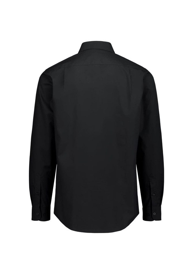 A black long sleeve shirt with a classic fit, featuring a standard collar and buttoned cuffs. It has a logo.
