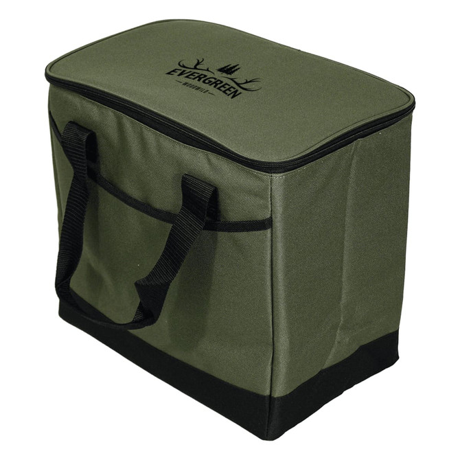 A green cooler bag with a black base and handles, featuring a logo on the top.