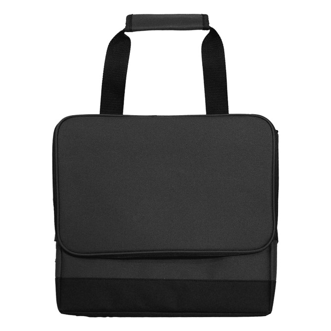 A black cooler bag with a flap closure and adjustable shoulder straps. It has a sleek, minimalist design.