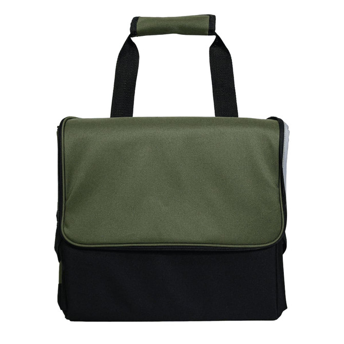 A green and black cooler bag with a flap and a handle, featuring a logo on the front.