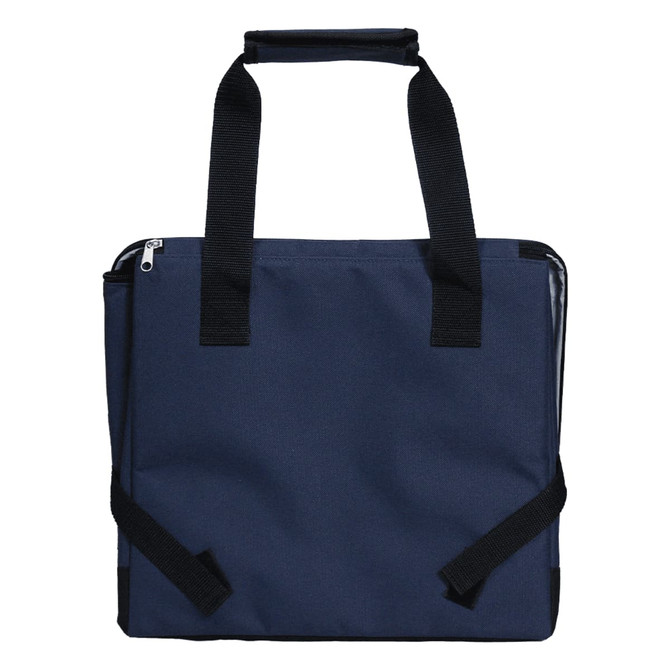 A navy cooler bag with dual carry handles and a zip closure, featuring adjustable straps on the sides.