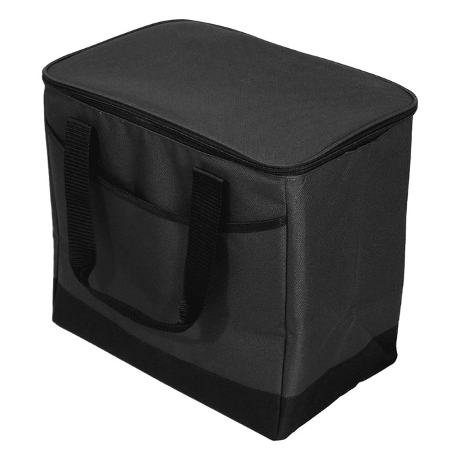 A black cooler bag with a zippered top and two carrying handles. It features a simple design and a front pocket.