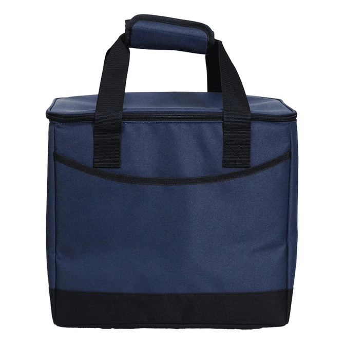 A drink cooler in navy blue with black accents and sturdy handles, featuring a logo on the front.