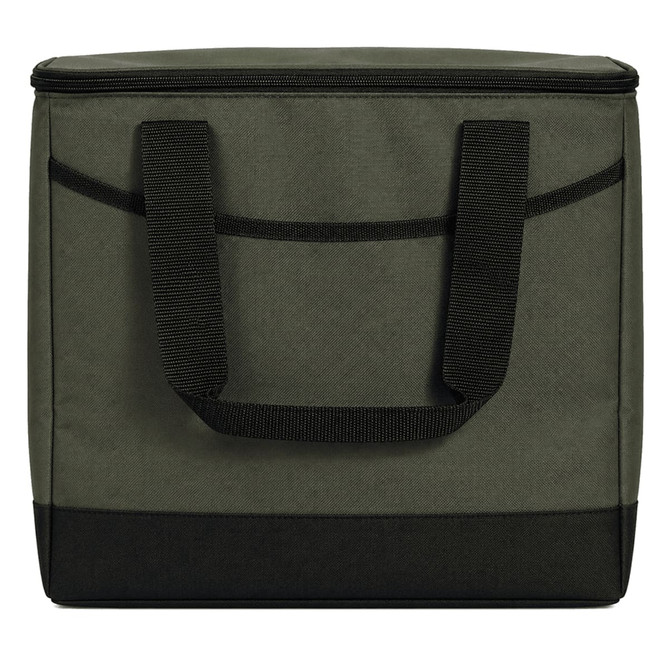 A 36-can cooler in a dark green and black design, featuring sturdy handles and a zip closure.