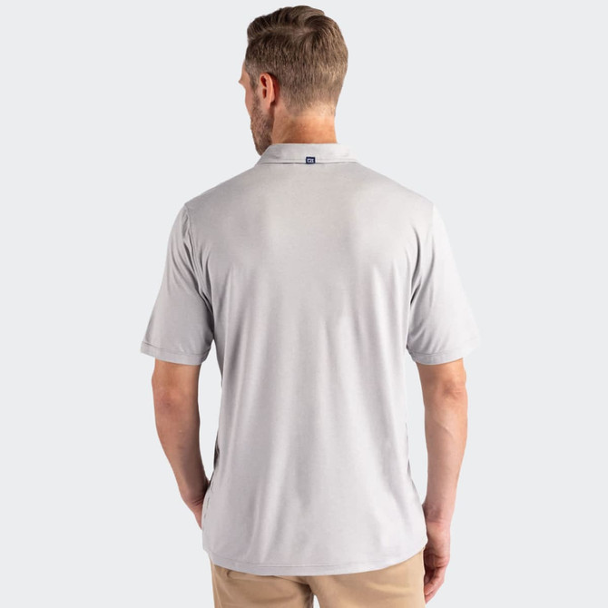 A light grey men's polo shirt with short sleeves, featuring a tag at the back and a logo on the neck.