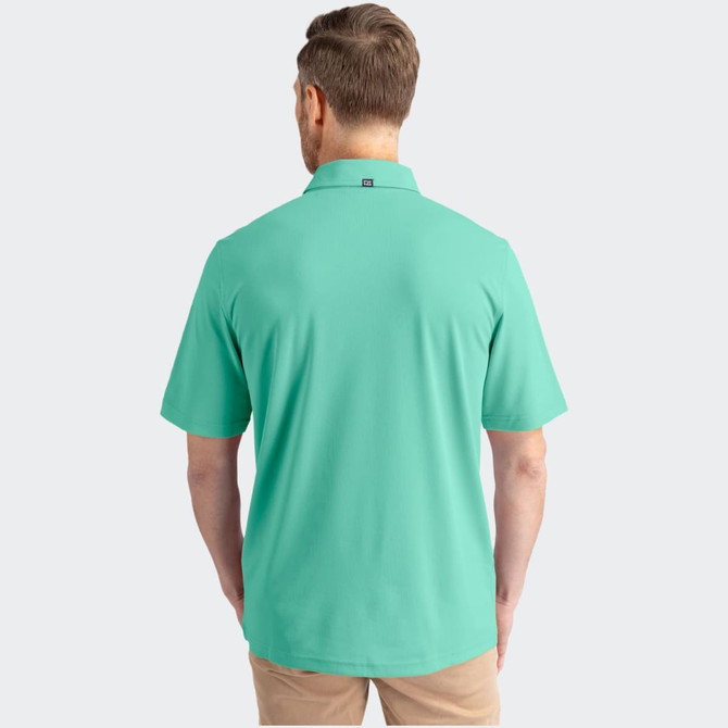 A mint green men's polo shirt with a collar, featuring a logo on the back.